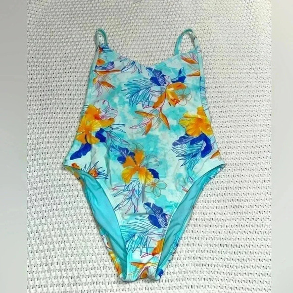 XHILARATION TROPICAL SCOOP BACK HIGH HIP ONE PIECE FLORAL SWIMSUIT, BLUE… - Picture 1 of 13